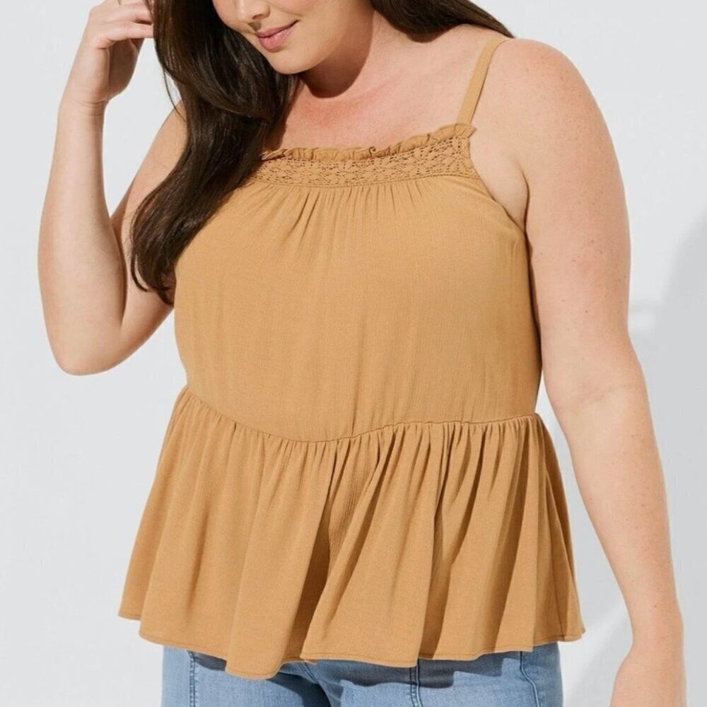 NEW NWT TORRID 2 Plus Size Crinkle Gauze Sleeveless Crochet Tank Tan Brown ish